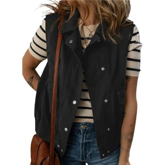 Women's Button-Down Sleeveless Cargo Vest - Lapel Collar, Elastic Hem, Summer